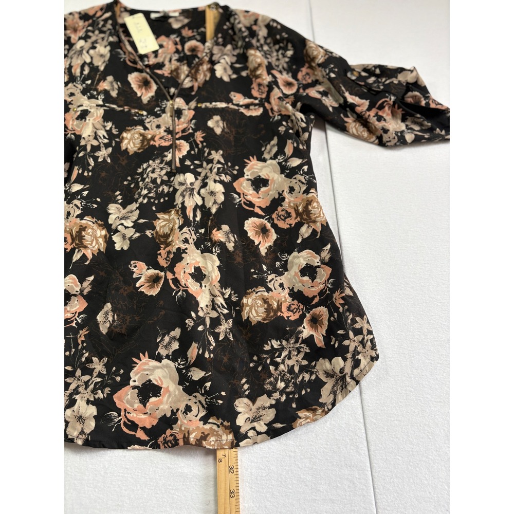 NWT MPH Collection Black Floral Zip Neck Roll Sleeve Tunic Blouse Plus Size 1X - Picture 5 of 6